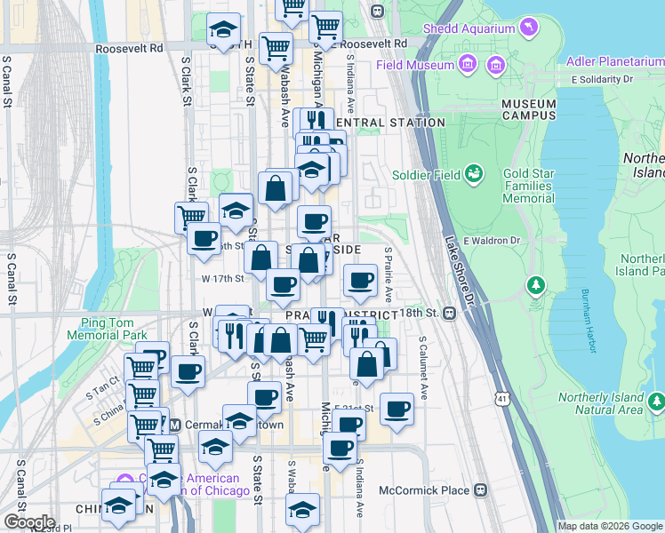 map of restaurants, bars, coffee shops, grocery stores, and more near 1631 South Michigan Avenue in Chicago