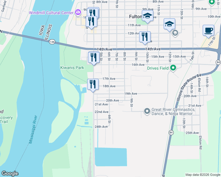 map of restaurants, bars, coffee shops, grocery stores, and more near 519 19th Avenue in Fulton