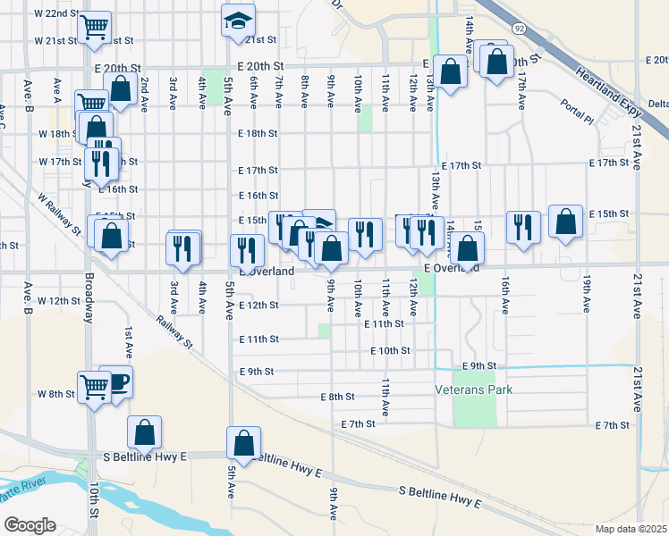 map of restaurants, bars, coffee shops, grocery stores, and more near 1306 9th Avenue in Scottsbluff