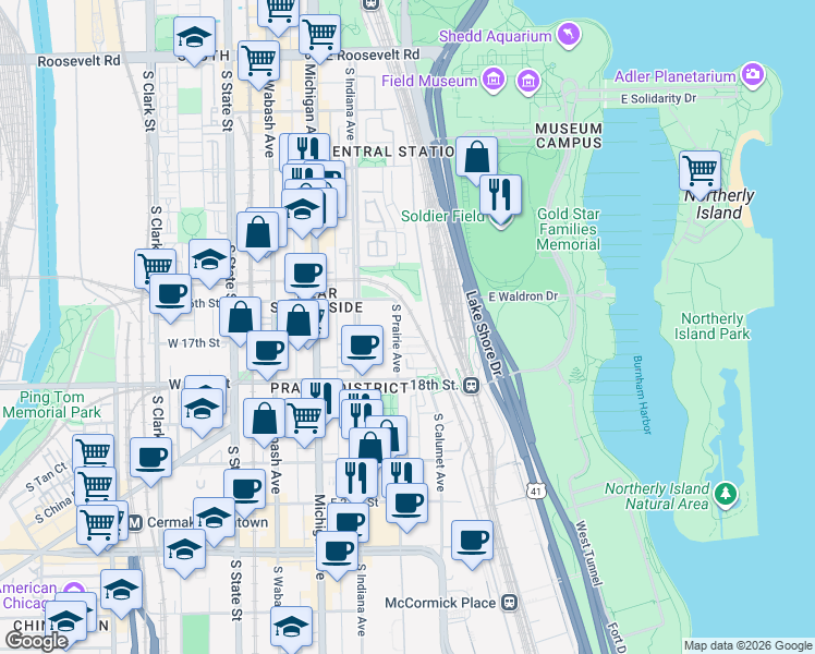 map of restaurants, bars, coffee shops, grocery stores, and more near 1629 South Prairie Avenue in Chicago