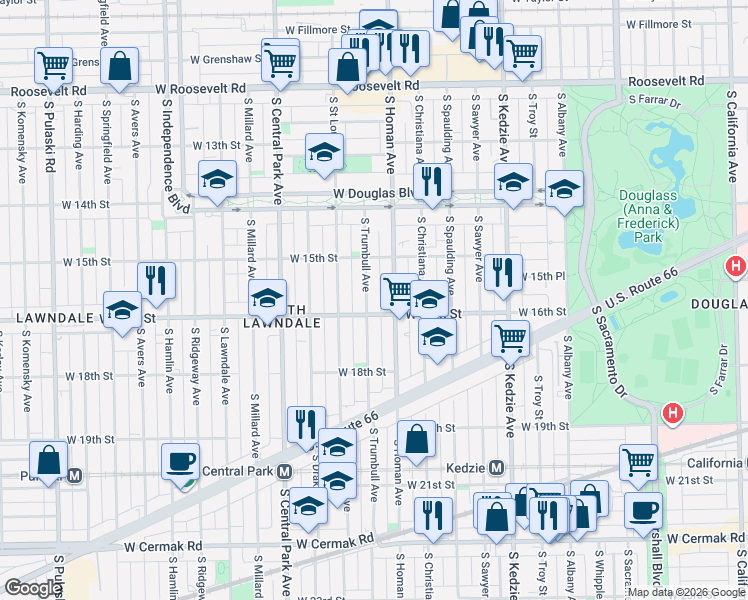 map of restaurants, bars, coffee shops, grocery stores, and more near 1601 South Trumbull Avenue in Chicago