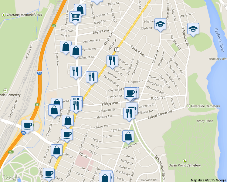map of restaurants, bars, coffee shops, grocery stores, and more near in Pawtucket