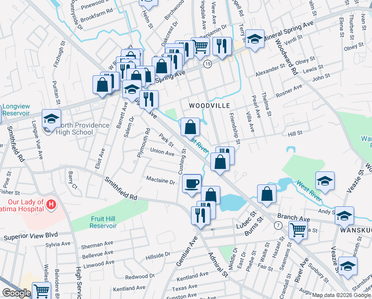 map of restaurants, bars, coffee shops, grocery stores, and more near 18 Cushing Street in North Providence
