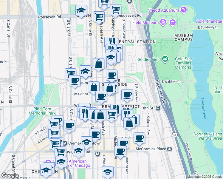 map of restaurants, bars, coffee shops, grocery stores, and more near 1700 Michigan Avenue in Chicago