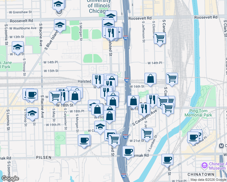 map of restaurants, bars, coffee shops, grocery stores, and more near 1703 South Halsted Street in Chicago