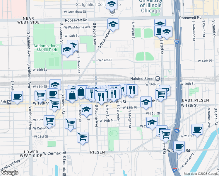 map of restaurants, bars, coffee shops, grocery stores, and more near 1114 West 17th Street in Chicago