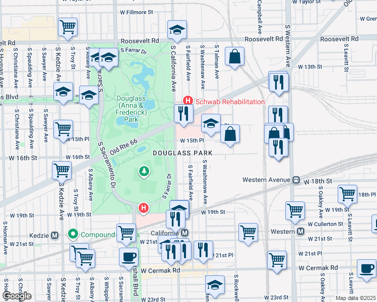 map of restaurants, bars, coffee shops, grocery stores, and more near 2735 West 16th Street in Chicago