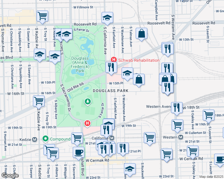 map of restaurants, bars, coffee shops, grocery stores, and more near 2735 West 16th Street in Chicago