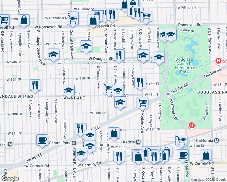 map of restaurants, bars, coffee shops, grocery stores, and more near 1602 South Christiana Avenue in Chicago