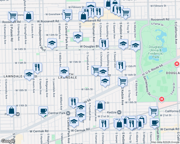 map of restaurants, bars, coffee shops, grocery stores, and more near 1601 South Trumbull Avenue in Chicago