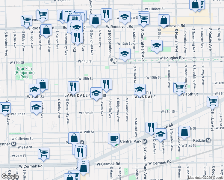map of restaurants, bars, coffee shops, grocery stores, and more near 3818 West 16th Street in Chicago