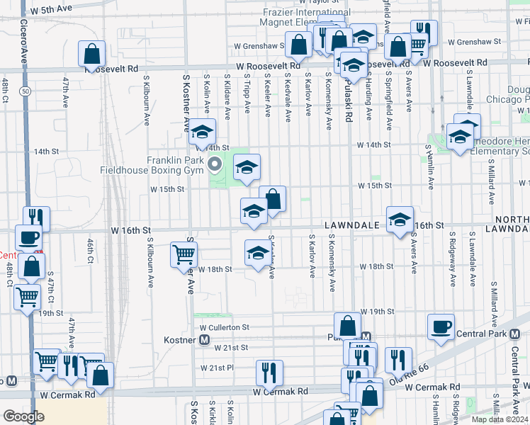 map of restaurants, bars, coffee shops, grocery stores, and more near 4214 West 16th Street in Chicago