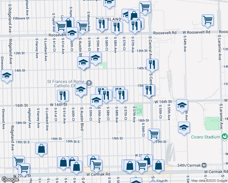 map of restaurants, bars, coffee shops, grocery stores, and more near 1524 South 58th Avenue in Cicero