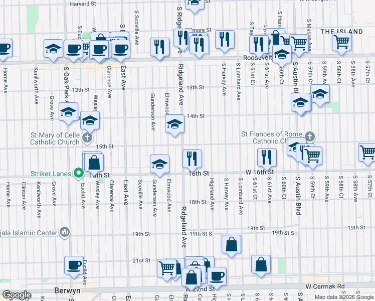 map of restaurants, bars, coffee shops, grocery stores, and more near 1524 Cuyler Avenue in Berwyn