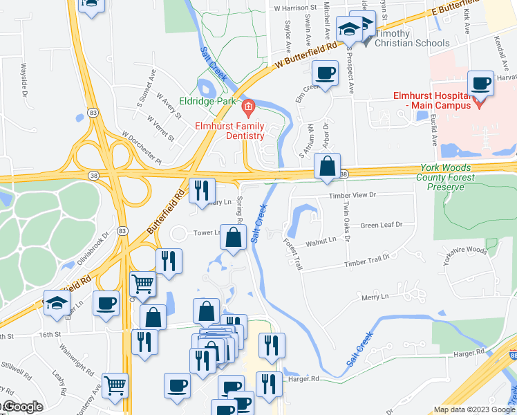 map of restaurants, bars, coffee shops, grocery stores, and more near 1S055 Spring Road in Oakbrook Terrace