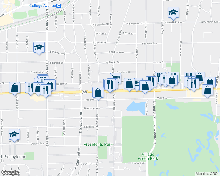 map of restaurants, bars, coffee shops, grocery stores, and more near 1706 Roosevelt Road in Wheaton