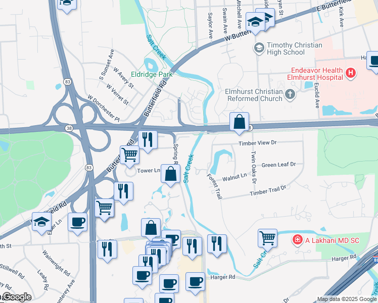 map of restaurants, bars, coffee shops, grocery stores, and more near 1S055 Spring Road in Oakbrook Terrace