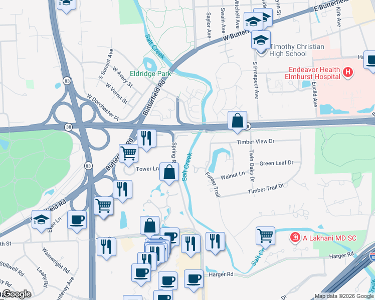 map of restaurants, bars, coffee shops, grocery stores, and more near 1S055 Spring Road in Oakbrook Terrace