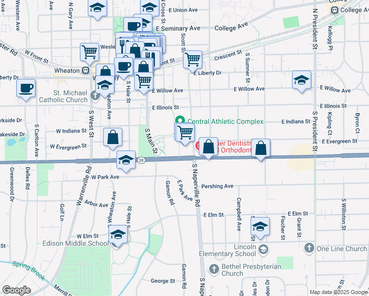 map of restaurants, bars, coffee shops, grocery stores, and more near 625 South Main Street in Wheaton