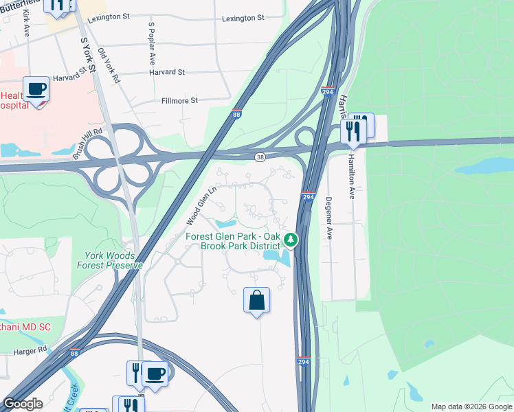map of restaurants, bars, coffee shops, grocery stores, and more near 307 Woodview Court in Oak Brook