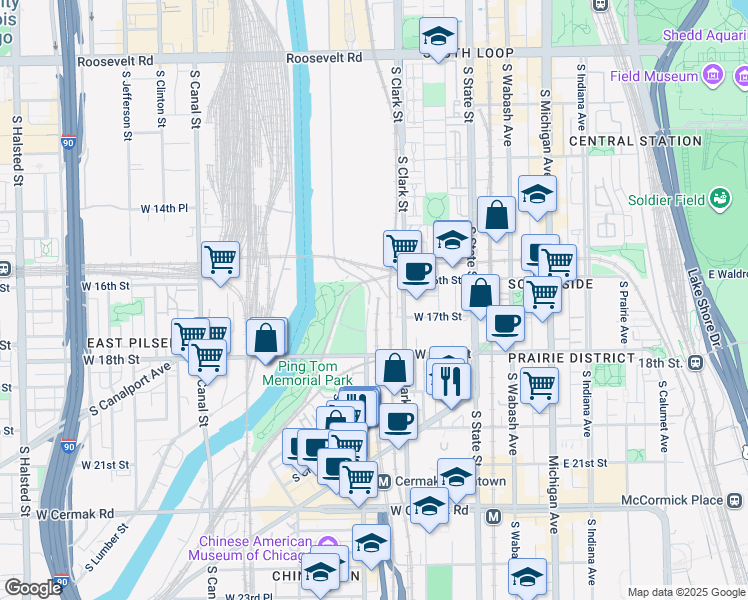 map of restaurants, bars, coffee shops, grocery stores, and more near 1611 South Wentworth Avenue in Chicago