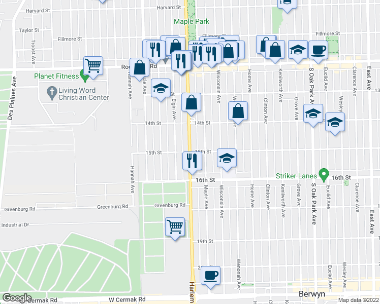 map of restaurants, bars, coffee shops, grocery stores, and more near 1501 S Harlem Ave in Forest Park