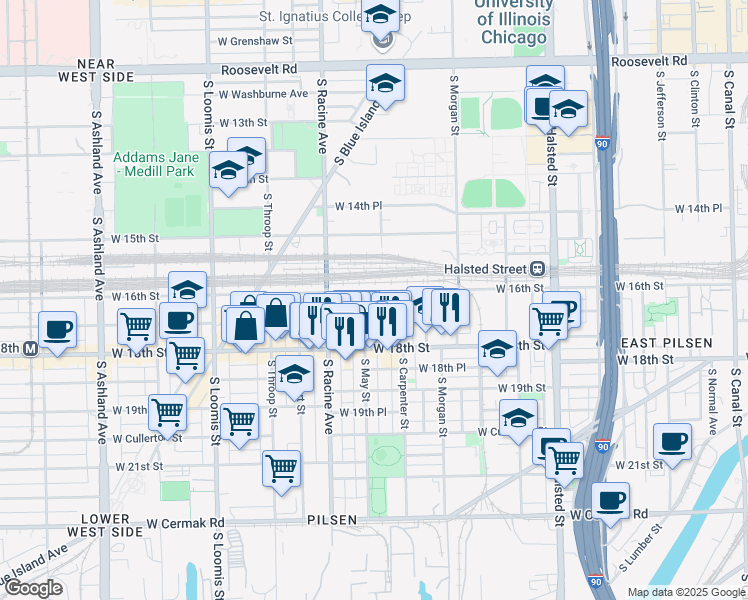 map of restaurants, bars, coffee shops, grocery stores, and more near 1111 West 16th Street in Chicago
