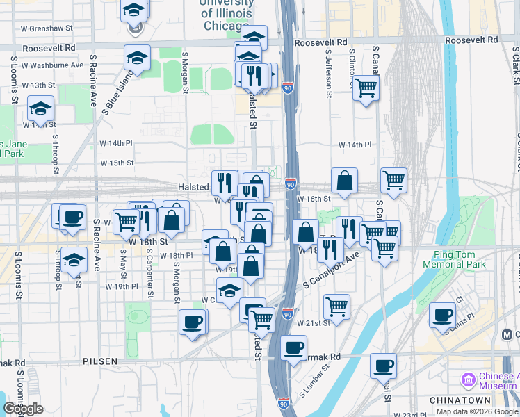 map of restaurants, bars, coffee shops, grocery stores, and more near 1703 South Halsted Street in Chicago
