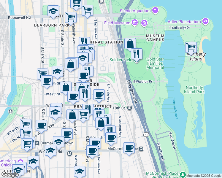 map of restaurants, bars, coffee shops, grocery stores, and more near 1642 South Prairie Avenue in Chicago