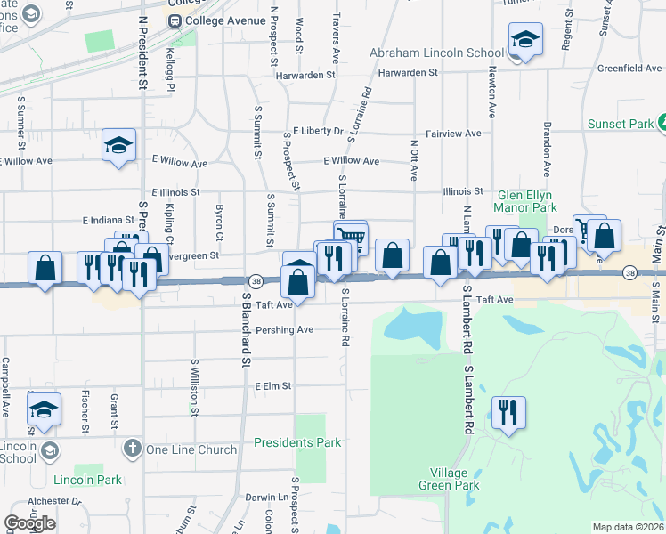map of restaurants, bars, coffee shops, grocery stores, and more near 1706 Roosevelt Road in Wheaton