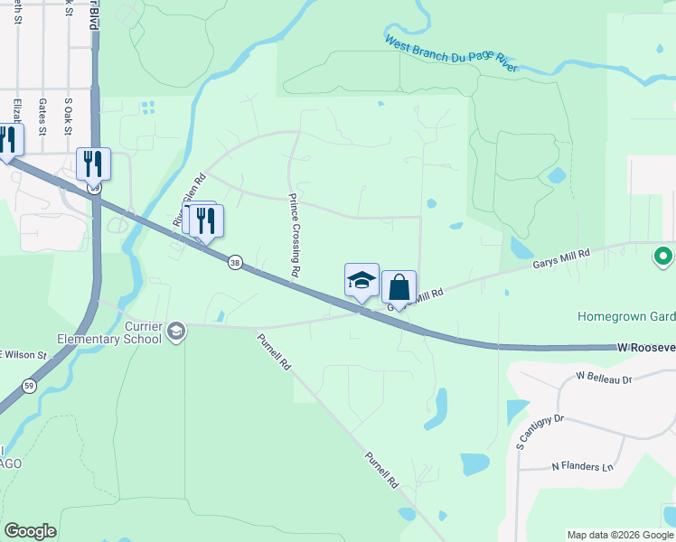 map of restaurants, bars, coffee shops, grocery stores, and more near 28 Roosevelt Road in Winfield