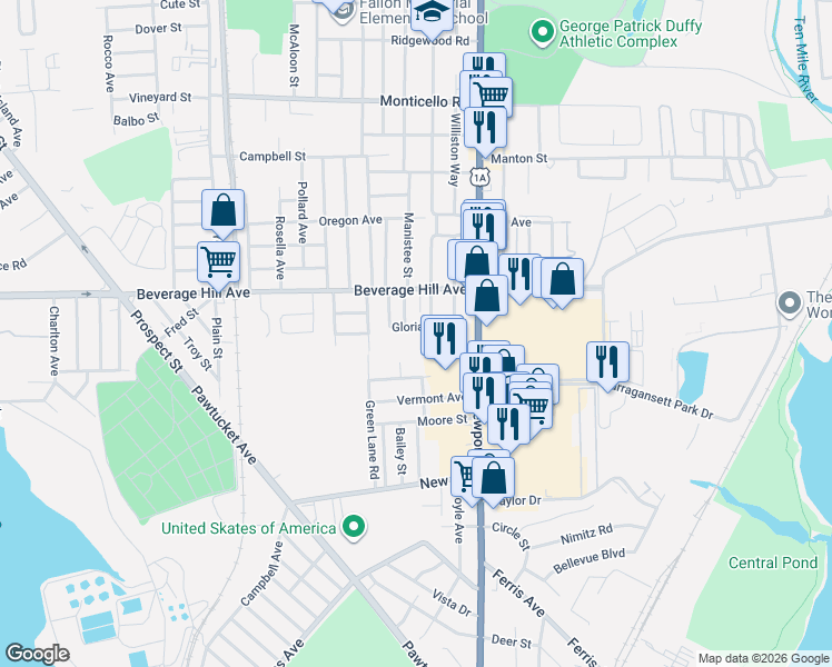 map of restaurants, bars, coffee shops, grocery stores, and more near 38 Anama Avenue in East Providence