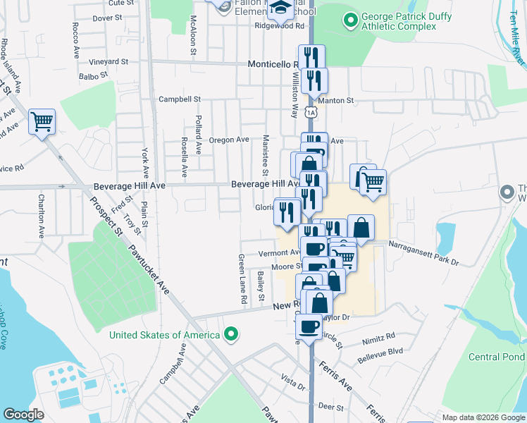 map of restaurants, bars, coffee shops, grocery stores, and more near 87 Green Lane Road in East Providence