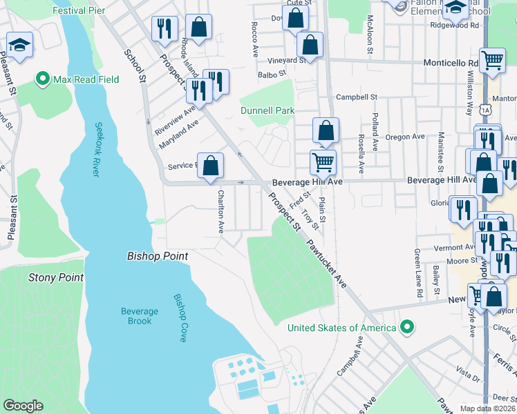 map of restaurants, bars, coffee shops, grocery stores, and more near 85 Fortin Avenue in Pawtucket