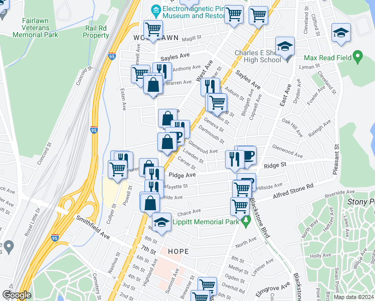 map of restaurants, bars, coffee shops, grocery stores, and more near 49 Carver Street in Pawtucket