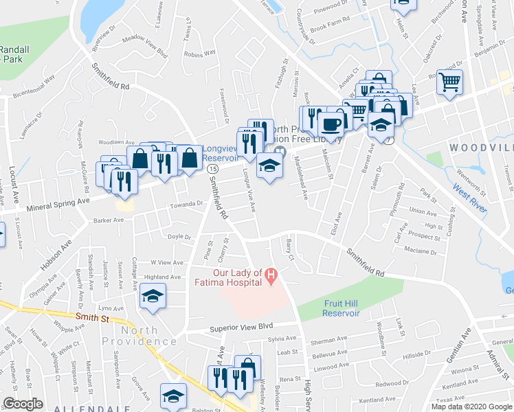 map of restaurants, bars, coffee shops, grocery stores, and more near 17 Longue Vue Avenue in North Providence