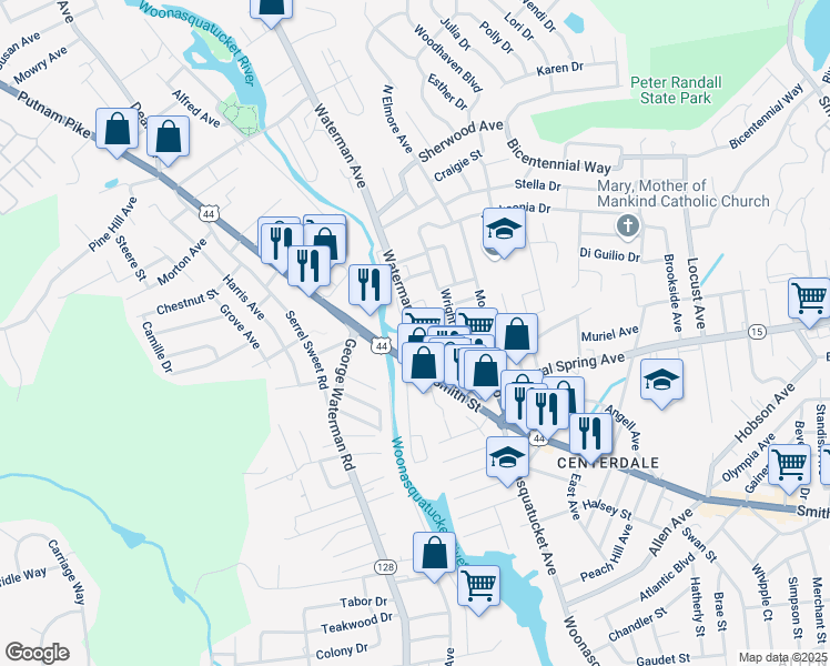 map of restaurants, bars, coffee shops, grocery stores, and more near 2121 Smith Street in North Providence