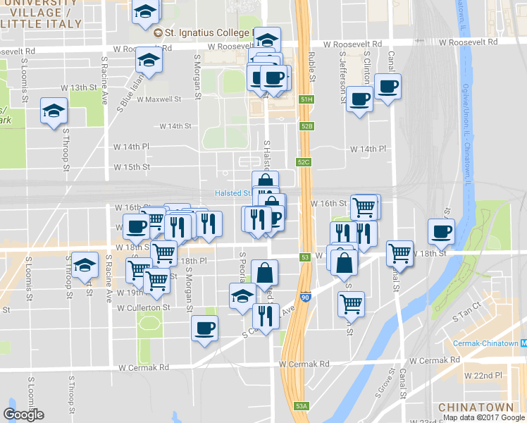 map of restaurants, bars, coffee shops, grocery stores, and more near 1703 South Halsted Street in Chicago
