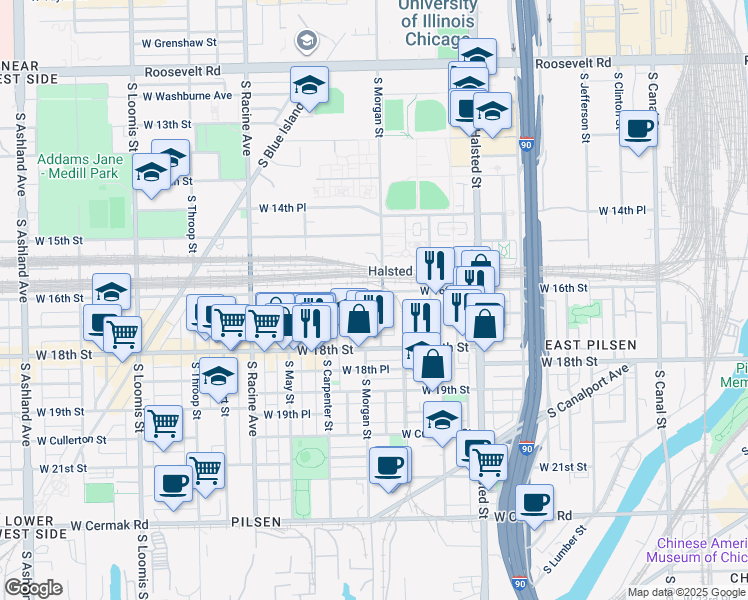 map of restaurants, bars, coffee shops, grocery stores, and more near 1700 South Morgan Street in Chicago