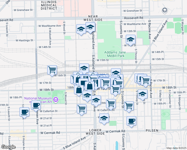 map of restaurants, bars, coffee shops, grocery stores, and more near 1625 South Ashland Avenue in Chicago
