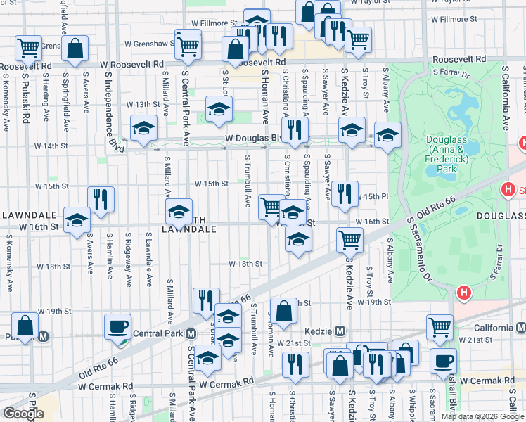 map of restaurants, bars, coffee shops, grocery stores, and more near 1601 South Trumbull Avenue in Chicago