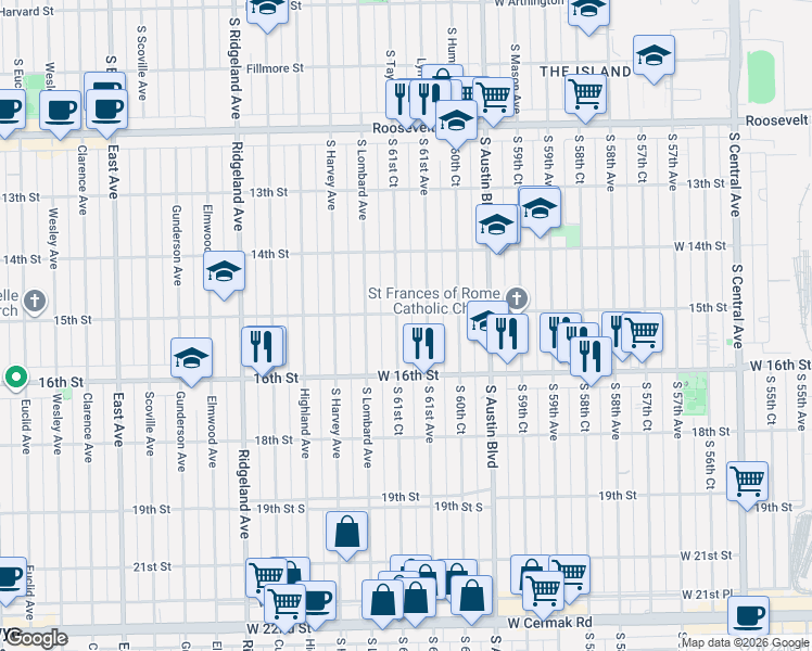 map of restaurants, bars, coffee shops, grocery stores, and more near 1523 South 61st Court in Cicero