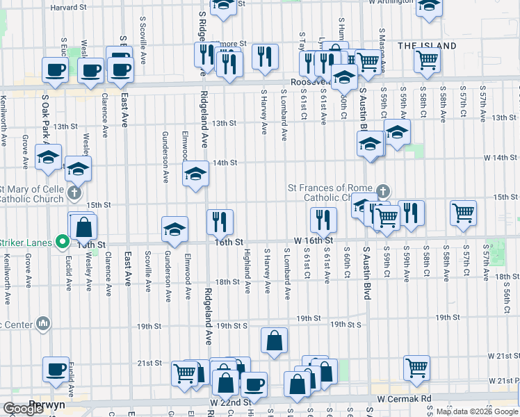 map of restaurants, bars, coffee shops, grocery stores, and more near 1521 South Harvey Avenue in Berwyn