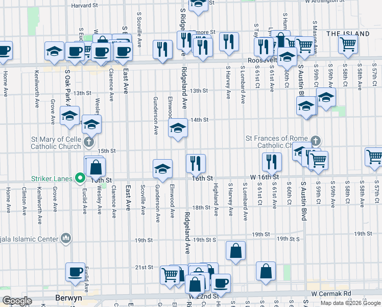map of restaurants, bars, coffee shops, grocery stores, and more near 1524 Cuyler Avenue in Berwyn