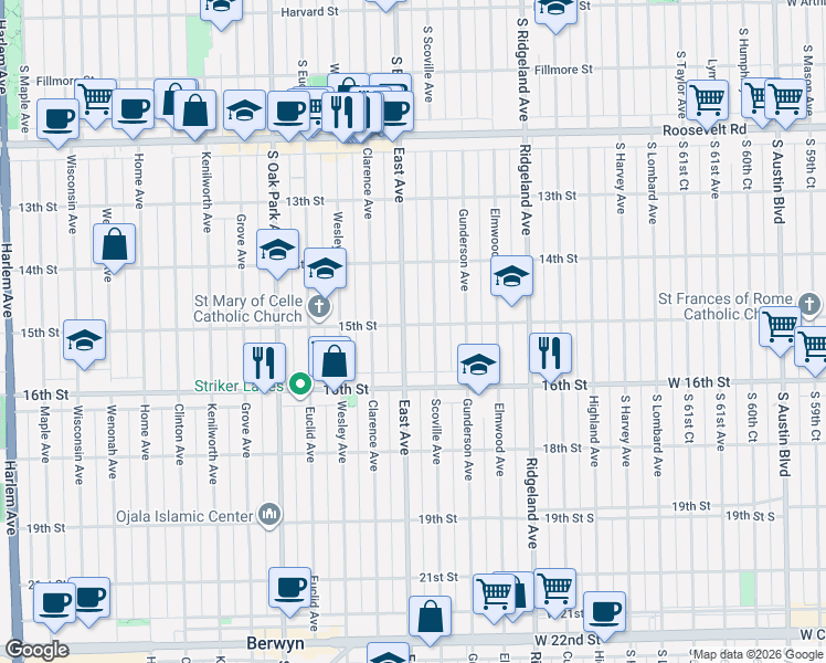 map of restaurants, bars, coffee shops, grocery stores, and more near 1522 East Avenue in Berwyn