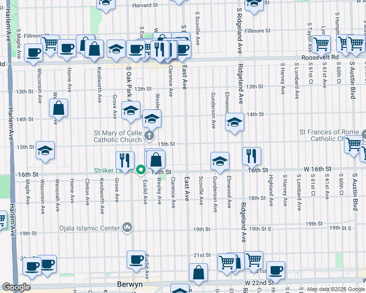 map of restaurants, bars, coffee shops, grocery stores, and more near 1522 East Avenue in Berwyn