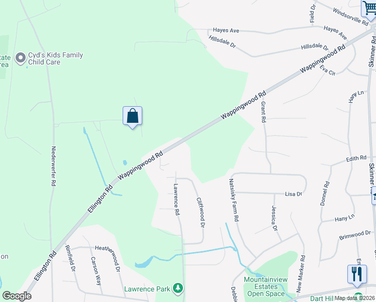 map of restaurants, bars, coffee shops, grocery stores, and more near 78 Wappingwood Road in Ellington