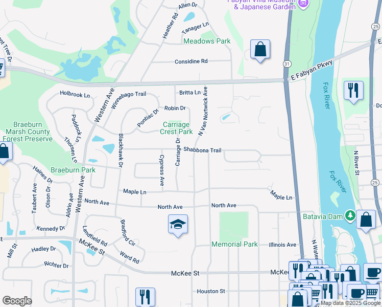 map of restaurants, bars, coffee shops, grocery stores, and more near 595 North Van Nortwick Avenue in Batavia