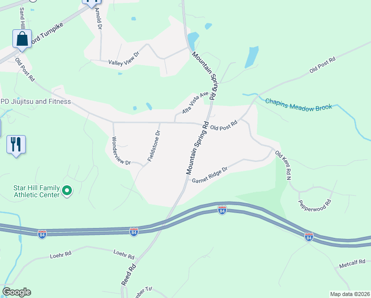 map of restaurants, bars, coffee shops, grocery stores, and more near 208 Mountain Spring Road in Tolland