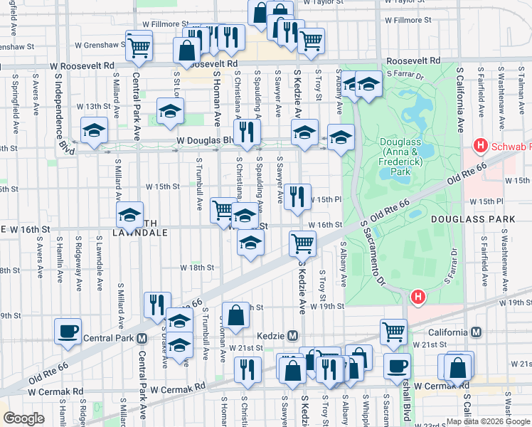 map of restaurants, bars, coffee shops, grocery stores, and more near in Chicago